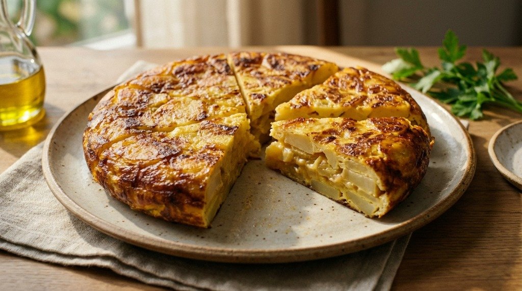 A beautifully sliced Spanish Omelette platter served with fresh greens