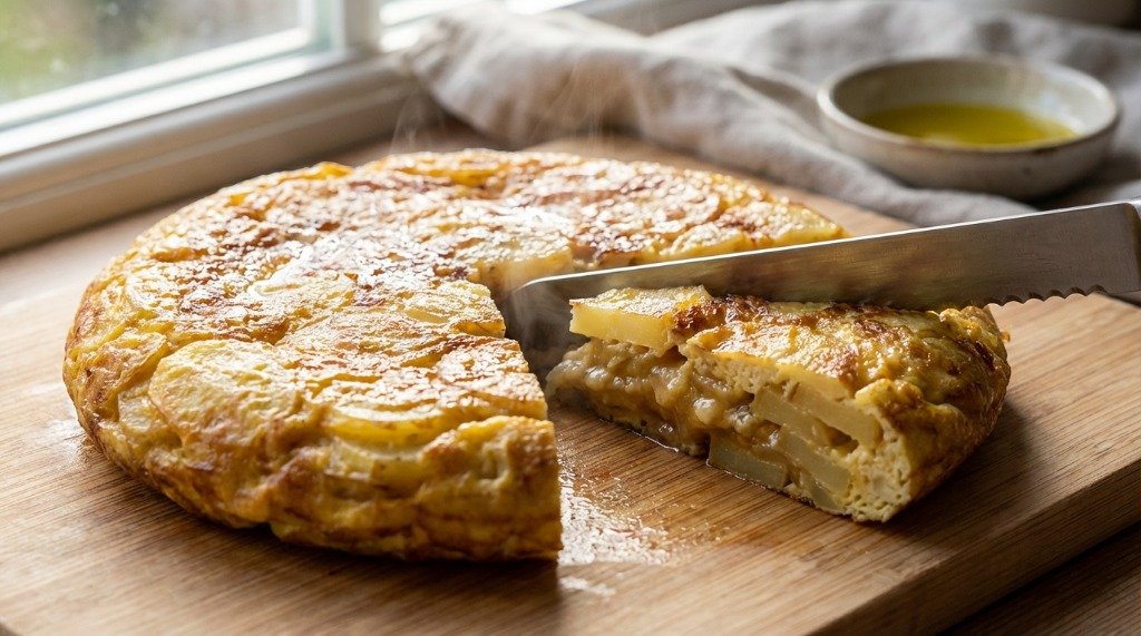 Slicing an authentic Spanish Tortilla with a sharp knife on a wooden board