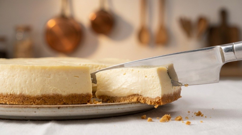 A professional chef using a sharp kitchen knife to slice through a perfectly baked and smooth plain cheesecake