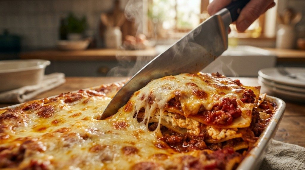 A chef slicing a hot and creamy beef lasagna with a sharp kitchen knife