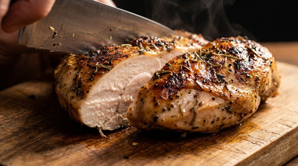 Slicing a juicy grilled chicken breast on a wooden carving board