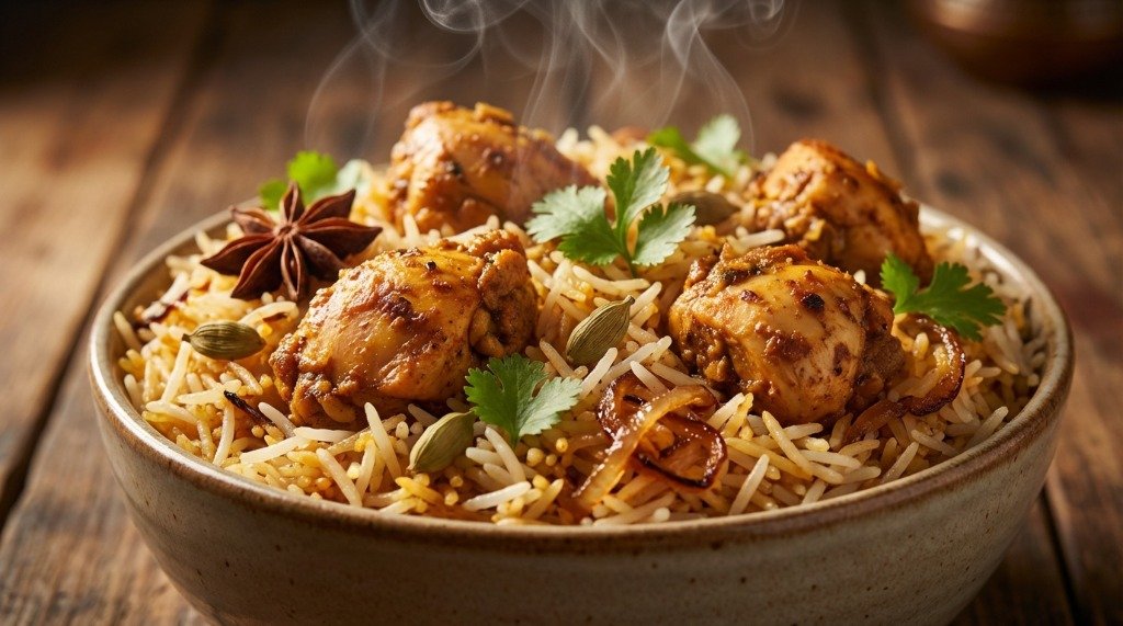 Spicy chicken biryani with whole spices close up