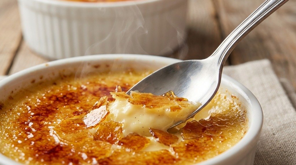 A close up shot of a silver spoon breaking through the golden brown caramelized sugar crust of a silky vanilla creme brulee