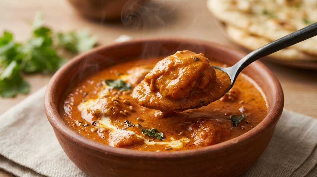 Close-up of a spoonful of rich and thick butter chicken gravy