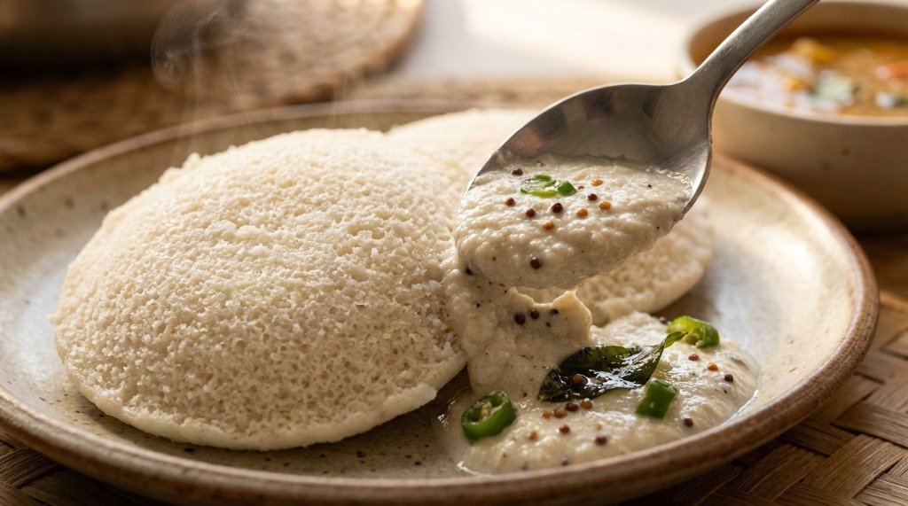 Spooning creamy, tempered coconut chutney over a plate of hot idlis