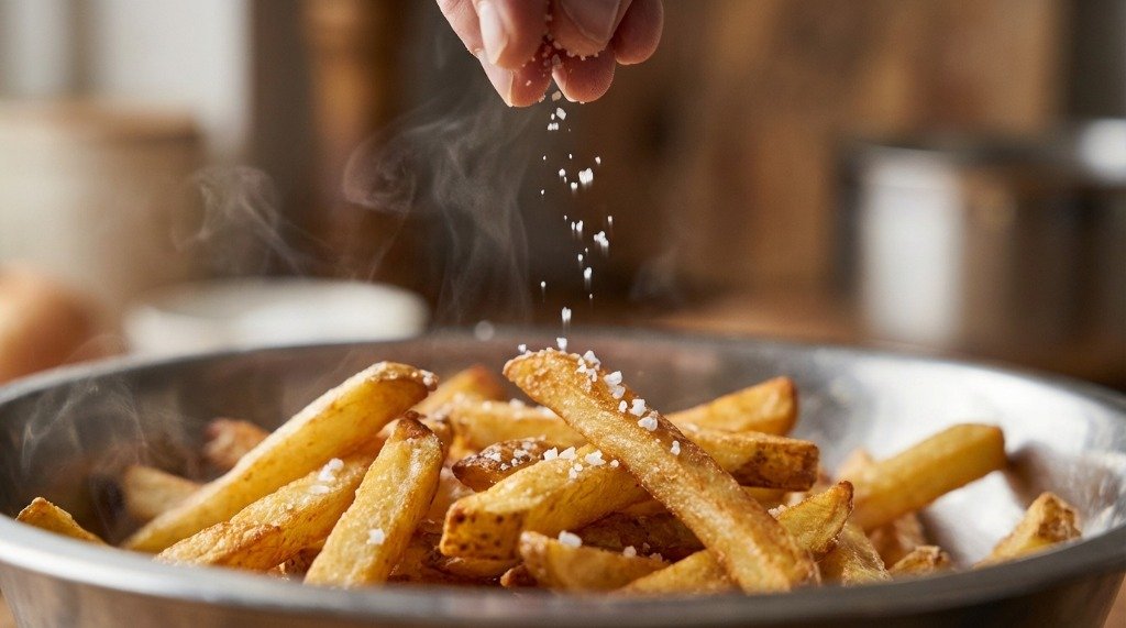 A chef sprinkling coarse sea salt over a bowl of hot and golden homemade french fries