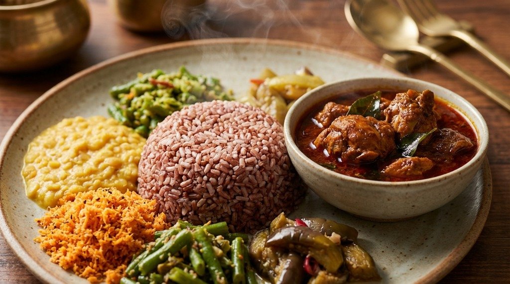 Authentic Sri Lankan lunch plate with red rice and various curries