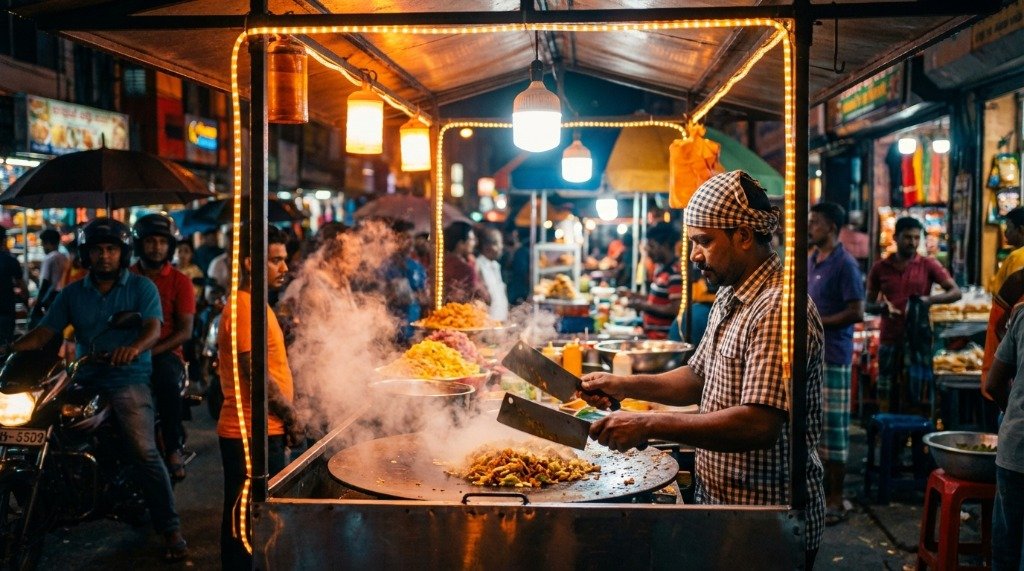 A professional Sri Lankan chef preparing kottu roti at a busy night market