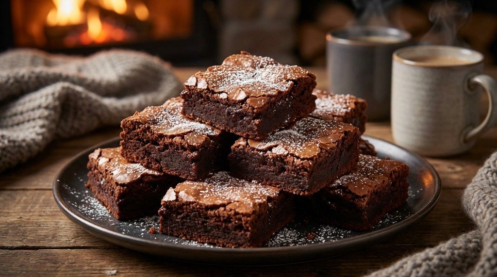 A stack of brownies dusted with powdered sugar served by a cozy fireplace with mugs of coffee