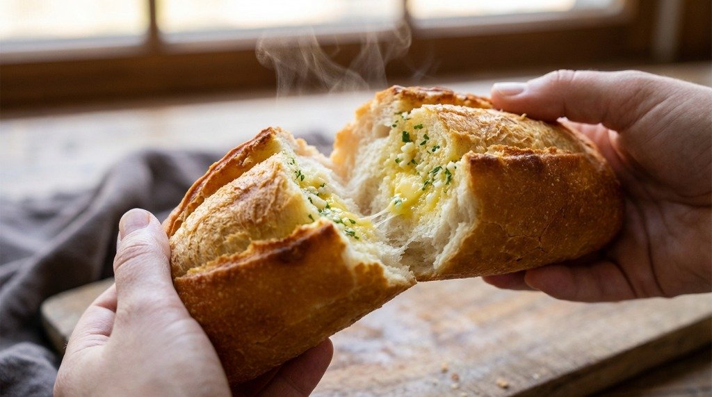 A steaming hot loaf of garlic bread being pulled apart revealing the soft and buttered interior
