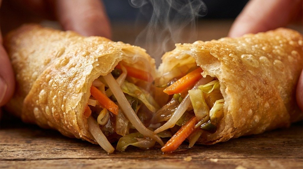 A steaming hot vegetable spring roll pulled apart revealing the colorful stir-fry filling