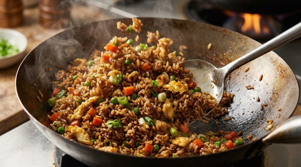 Stir-frying colorful vegetables for fried rice in a traditional wok