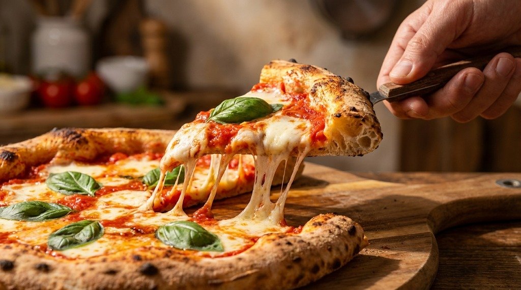 Chef tearing fresh mozzarella over pizza dough