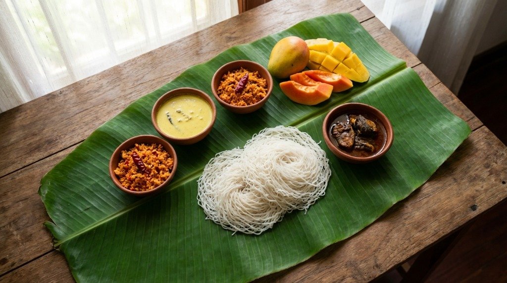 String hoppers on banana leaf serving
