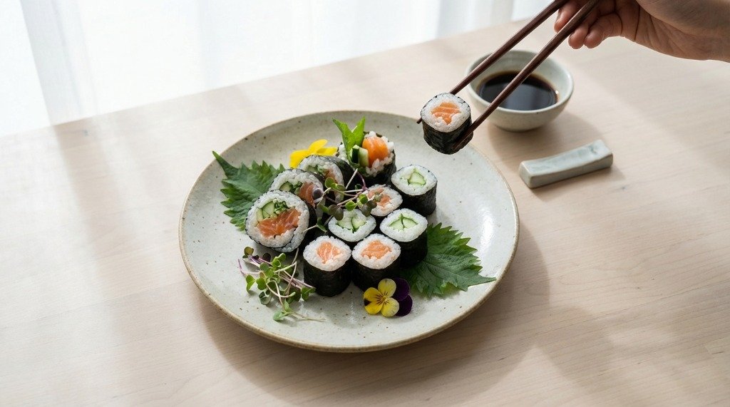 Plate of fresh sushi rolls with chopsticks and soy sauce
