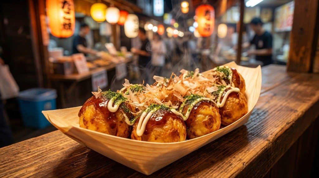 A boat-shaped wooden platter of steaming takoyaki balls on a rustic market counter