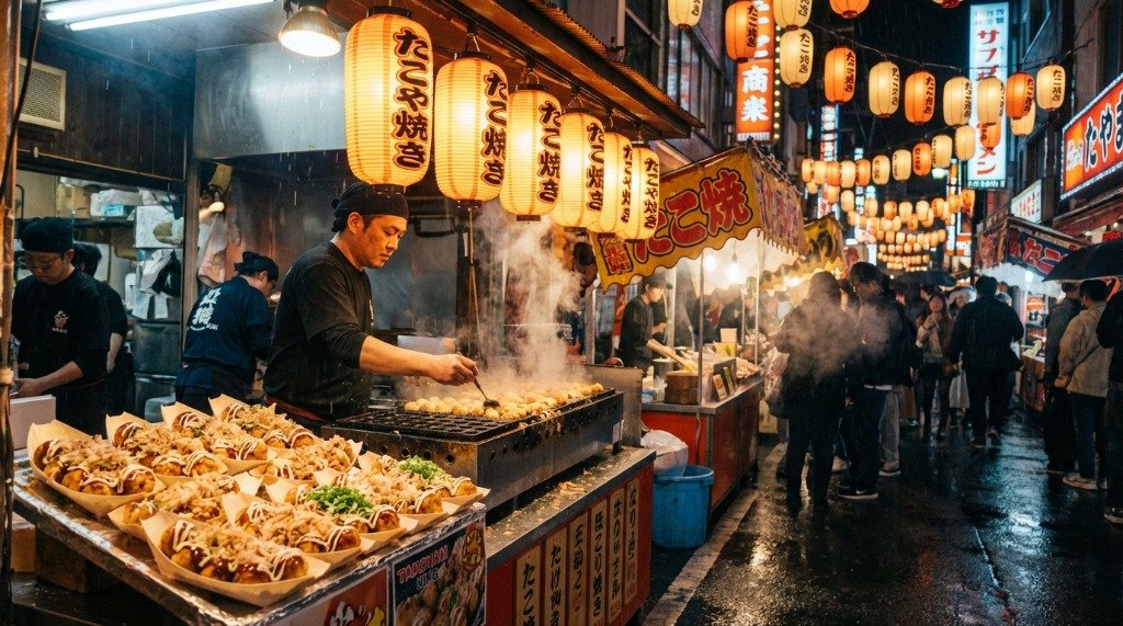 Atmospheric shot of a vibrant Japanese night market stall specialized in fresh takoyaki