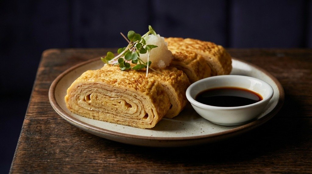 Tamagoyaki serving with soy sauce