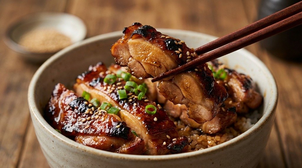 A succulent piece of chicken teriyaki being lifted from a donburi bowl with wooden chopsticks