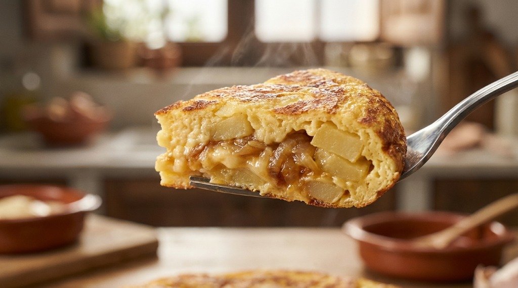 Macro shot showing the tender cross-section of a perfectly cooked Spanish Tortilla