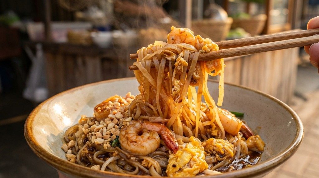 Thai stir-fried noodles with succulent shrimp held by chopsticks