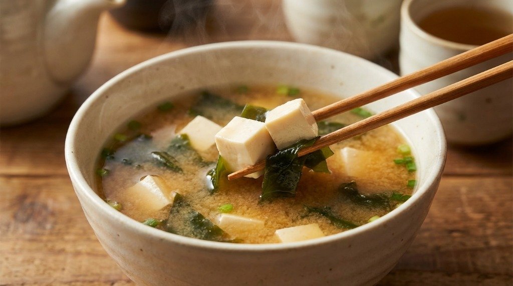 Tofu and wakame in miso soup close up