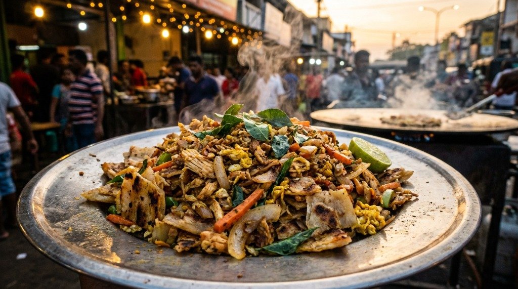 A massive serving of hot and spicy chicken kottu roti on a traditional metal plate