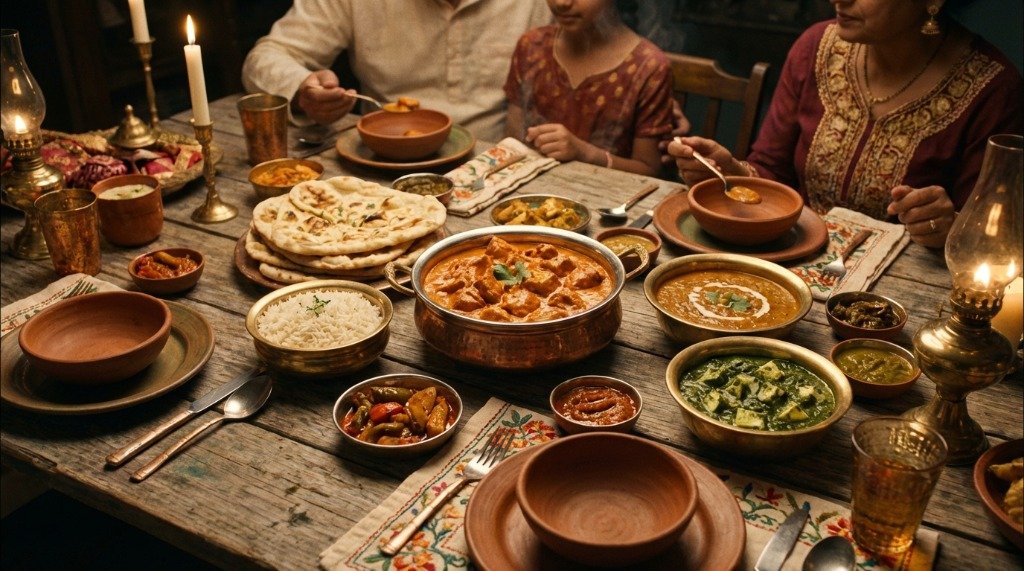 A traditional Indian family dinner table with butter chicken, naan bread, and basmati rice