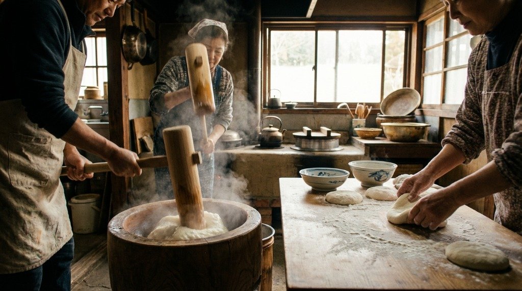 A powerful traditional mochitsuki ceremony in a Japanese village kitchen with men pounding dough in a wooden mortar