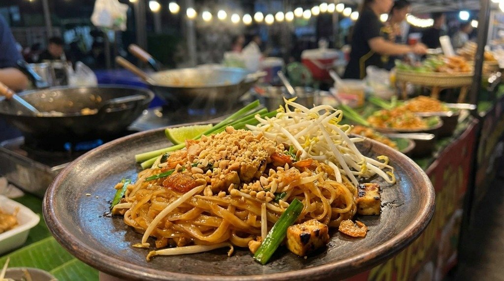 Traditional Pad Thai serving with fresh bean sprouts and lime