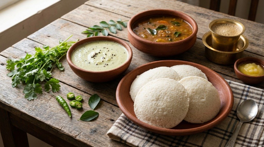 A traditional South Indian breakfast spread featuring idli, chutney, and spicy sambar