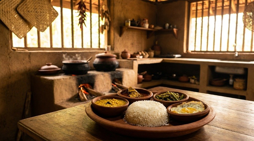 Traditional Sri Lankan kitchen with clay curry pots over fire
