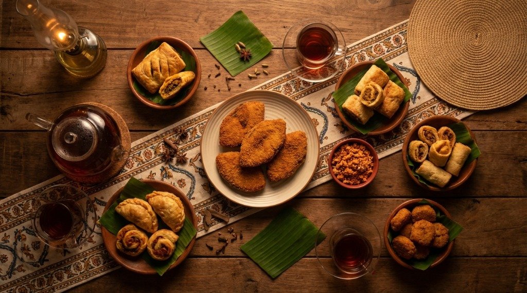 Aerial view of a traditional Sri Lankan tea time spread with fish cutlets, short eats, and Ceylon tea
