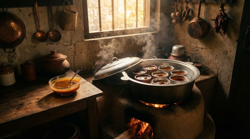 Atmospheric shot of a traditional Sri Lankan village kitchen with a wood-fired stove and clay pots of watalappan steaming inside a large vessel