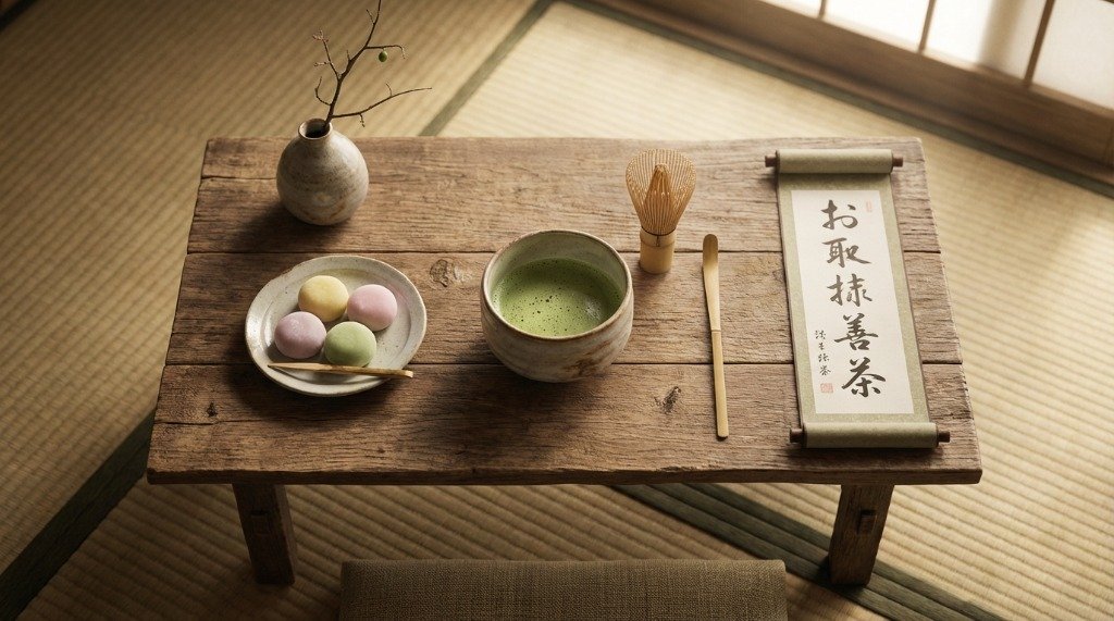 A Zen-style Japanese tea table with a tray of colorful mochi, a steaming bowl of matcha, and a decorative scroll